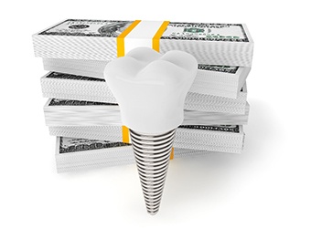 Dental implant and stacks of money symbolizing cost of dental implants in Prince Albert