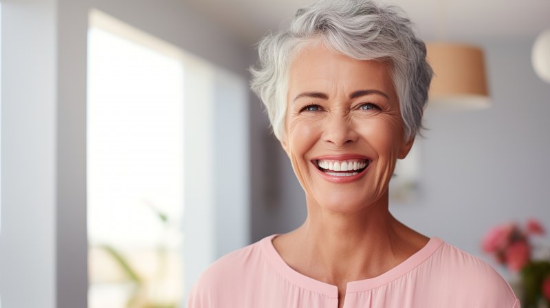 Elderly woman looking refreshed and smiling with bright white teeth