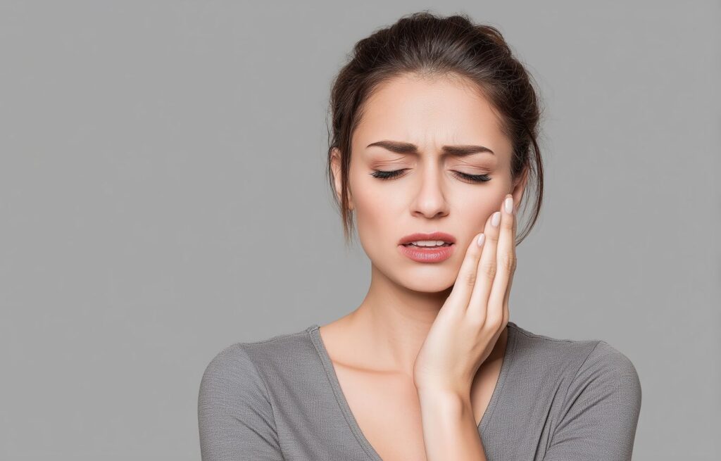 An AI image of a stressed-out woman clenching her jaw